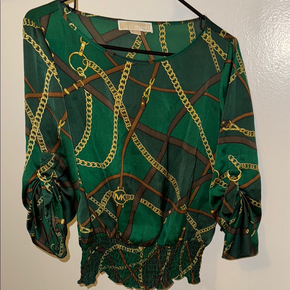 Green and Gold Puff Sleeve Graphic Blouse